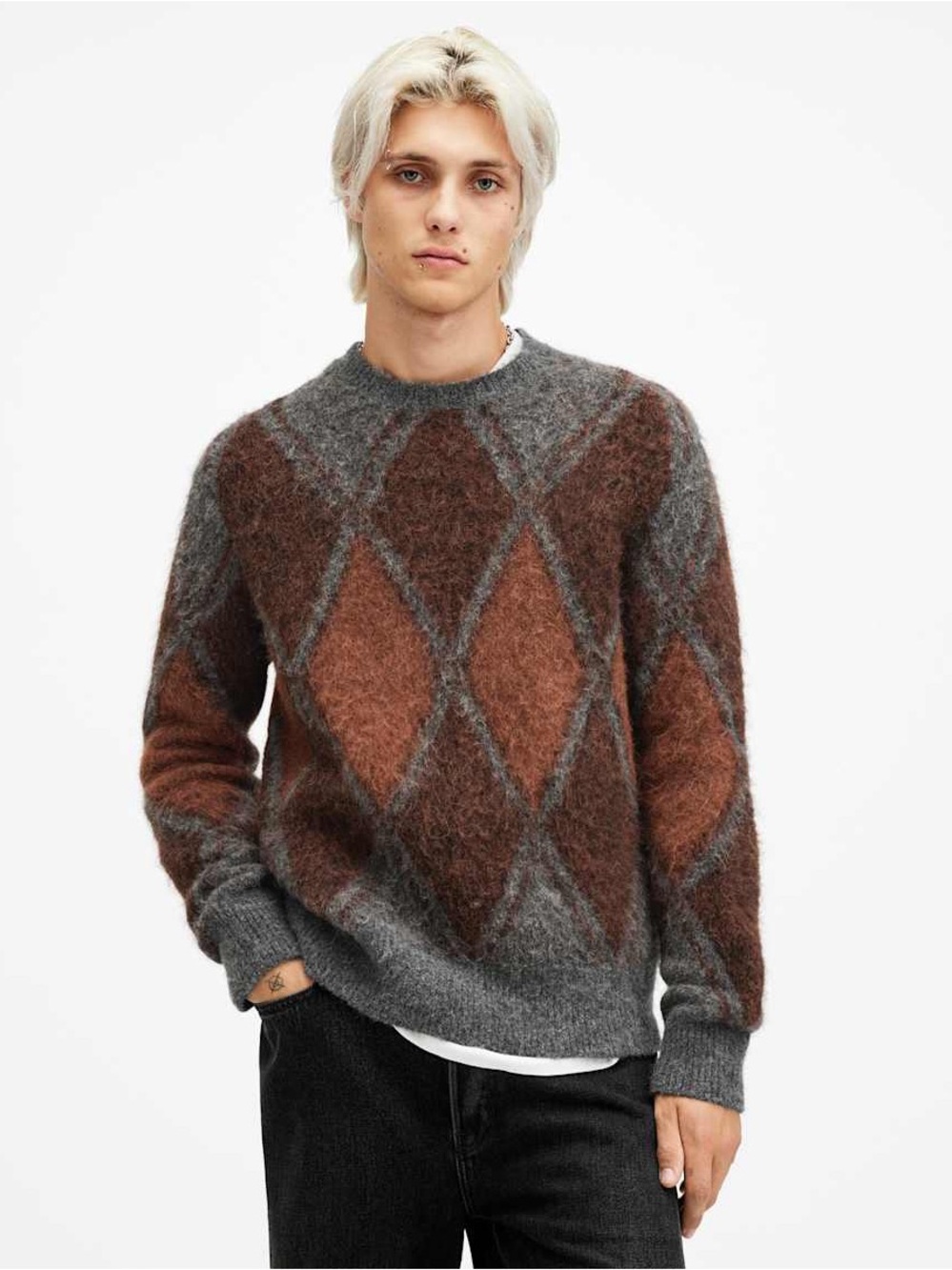 All Saints Brown & Gray Mohair Argyle Crewneck Sweater